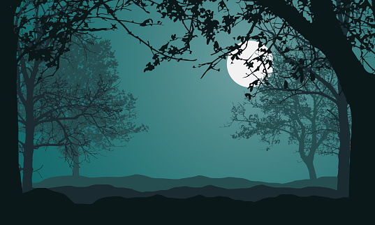 Illustration of landscape with forest, trees and hills, under night green sky with full moon and space for text - vector