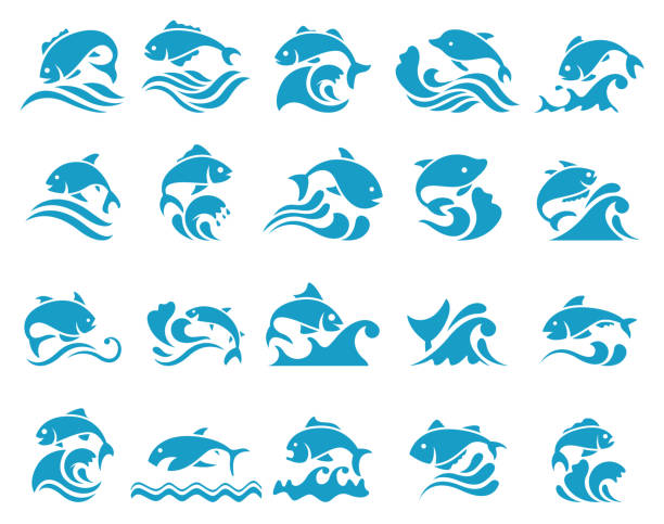 Fish icon with waves Fish icon with waves , vector illustration wave jumping stock illustrations