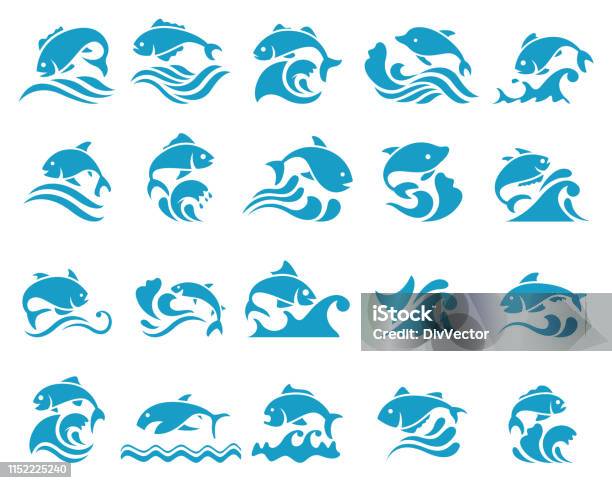 Fish Icon With Waves Stock Illustration - Download Image Now - Fish, Jumping, Logo