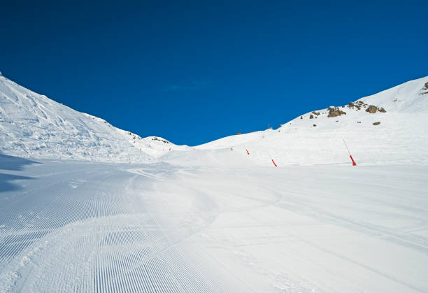 istock View up a piste in alpine ski resort 1152226278