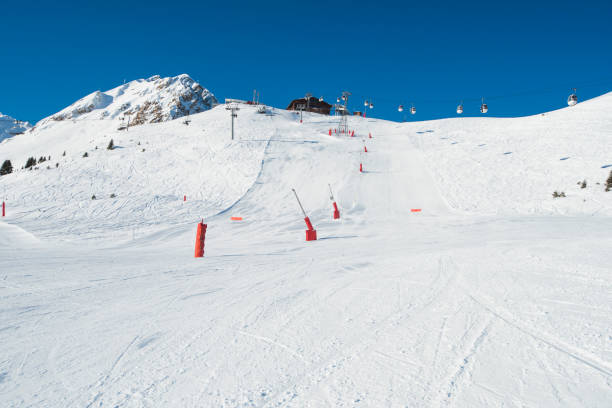 istock View up a piste in alpine ski resort 1152226323