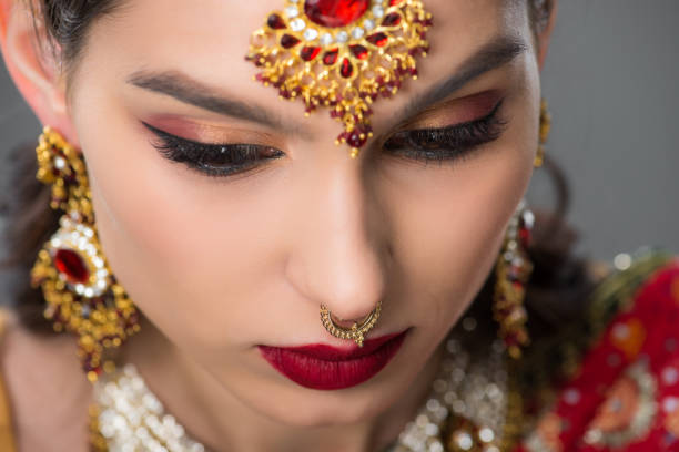 istock indian girl posing in traditional bindi, isolated on grey 1152228088