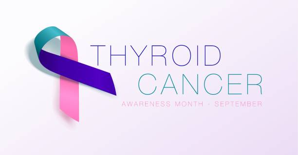 Thyroid Cancer Awareness Calligraphy Poster Design. Realistic Teal and Pink and Blue Ribbon. September is Cancer Awareness Month. Vector Thyroid Cancer Awareness Calligraphy Poster Design. Realistic Teal and Pink and Blue Ribbon. September is Cancer Awareness Month. Vector Illustration thyroid disease stock illustrations