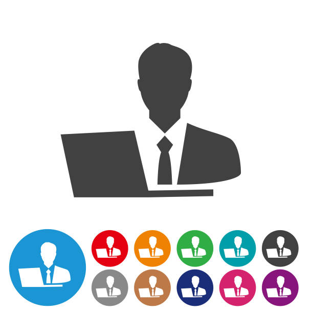 ilustrações de stock, clip art, desenhos animados e ícones de businessman and computer - graphic icon series - group of objects business human resources laptop