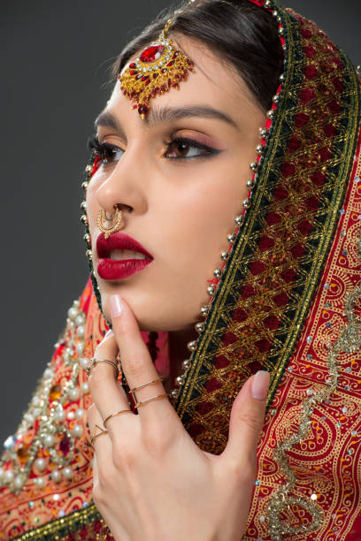 istock indian beauty posing in traditional sari and bindi, isolated on grey 1152228577