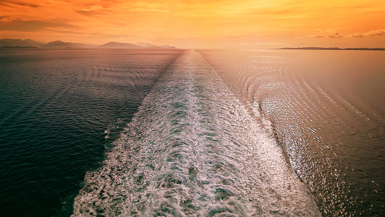Cruise Ship Wake in Mediterranean Sea at Sunset - Travel Vacation