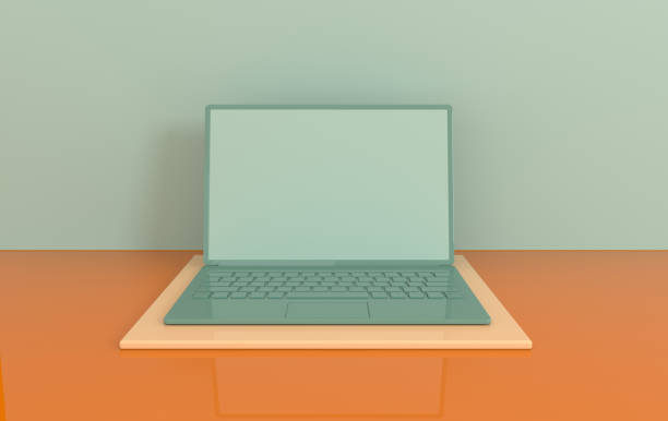 istock Laptop on work desk mock-up background in modern minimal style. Notebook 3d render in pastel colors. Technology gadget concept 1152234369