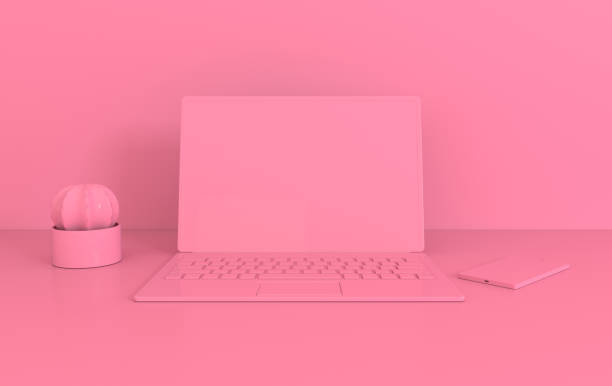 istock Laptop on work desk mock-up background in modern minimal style. Notebook, smartphone and cactus 3d render. Technology gadget concept 1152234383