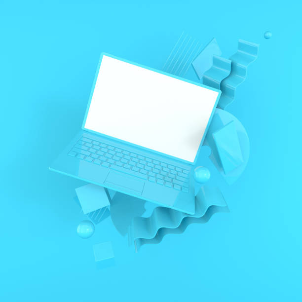 istock Laptop and different geometric objects mockup background in modern minimal style. Notebook 3d render in pastel colors. Technology gadget concept 1152234393