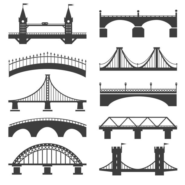 Bridge silhouette icons Bridge icons. Bridges vector silhouettes with pillars and bridging towers, concrete promenade and motorway architectural structures illustration concrete silhouettes stock illustrations