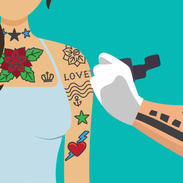 ilustrações de stock, clip art, desenhos animados e ícones de tattooist artist paint girl arm - arm tattoo