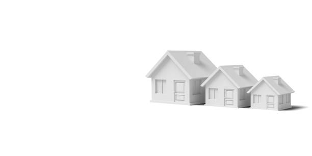 istock Three White empty houses on a yellow background abstract image. Concept building business. 3D render. 1152236813