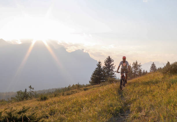 istock Mountain biker rides along trail in meadow at sunrise 1152236937