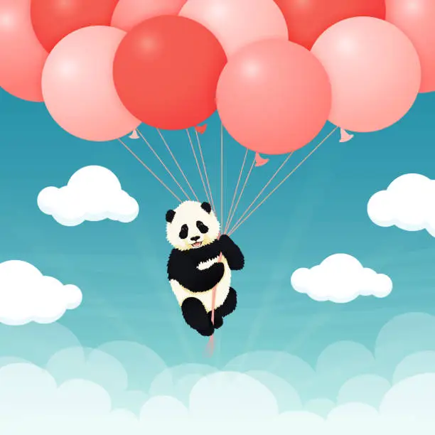 Vector illustration of Baby giant panda flying red and pink balloons in the sky with clouds. Black and white chinese bear cub. Rare, vulnerable species. Greeting card, poster design template.