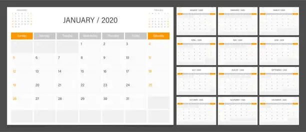 Vector illustration of Calendar planner 2020 design template week start on Sunday.