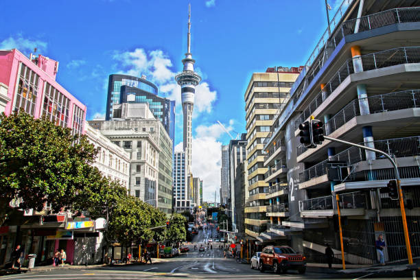 the sky tower in downtown auckland, new zealand - panoramic international landmark national landmark famous place imagens e fotografias de stock