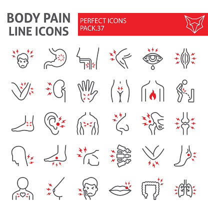 Body pain line icon set, organs ache symbols collection, vector sketches, logo illustrations, sickness signs linear pictograms package isolated on white background, eps 10.