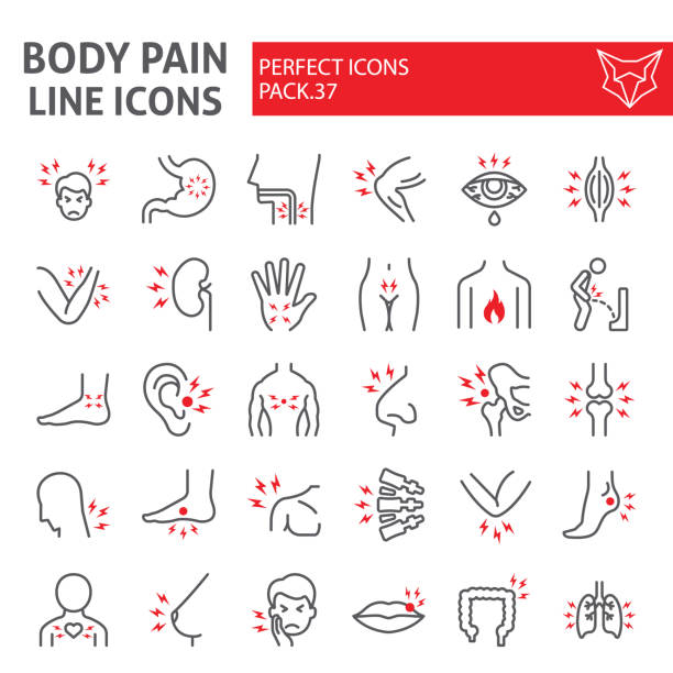 Body pain line icon set, organs ache symbols collection, vector sketches, logo illustrations, sickness signs linear pictograms package isolated on white background. Body pain line icon set, organs ache symbols collection, vector sketches, logo illustrations, sickness signs linear pictograms package isolated on white background, eps 10. cramp stock illustrations
