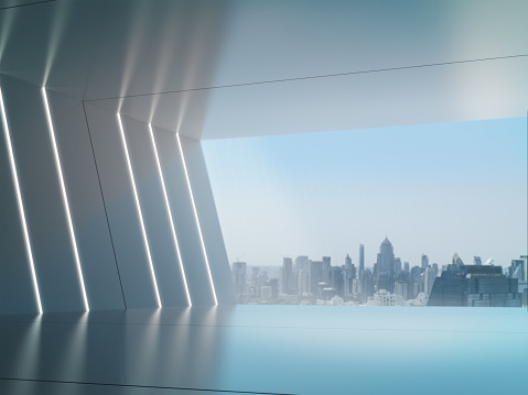 Empty room, Product showcase background, Long corridor with light glow and city background.3D rendering