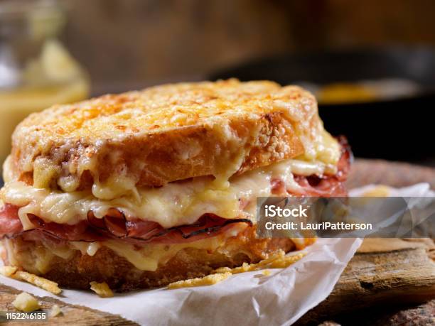 Croque Monsieur Grilled Cheese Sandwich With Black Forest Ham Gruyere And Bechamel Sauce Stock Photo - Download Image Now