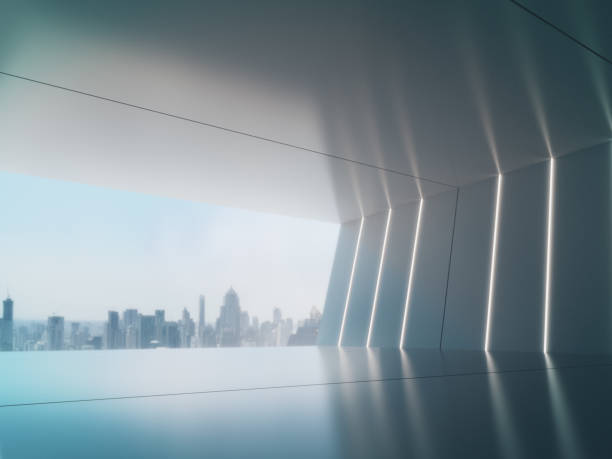 istock Empty room, Product showcase background, Long corridor with light glow and city background.3D rendering 1152246224