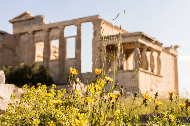 Athens, Greece. The Porch of the Caryatids at the Erechtheion, an ancient Greek temple on north side of the Acropolis dedicated to Athena and Poseidon