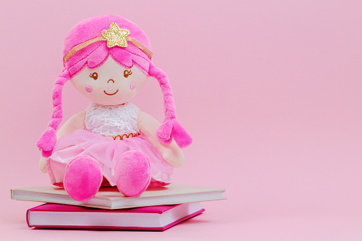 Stuffed soft doll sitting on the books over pink background.
