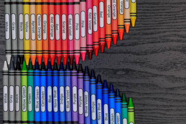 new sharp generic labeled crayons in a zippering symmetrical line meshing pattern.  no branding is present and color labels are easily editable.  there is some room for copy writing in the center and the right of the crayons.  warm colors are at the top a - zippering imagens e fotografias de stock