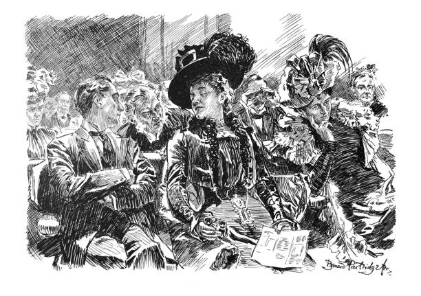 ilustraciones, imágenes clip art, dibujos animados e iconos de stock de el cómic británico de la sátira caricaturista ilustraciones-hombre perturbado por un gran sombrero delante de él en el teatro - moda londinense