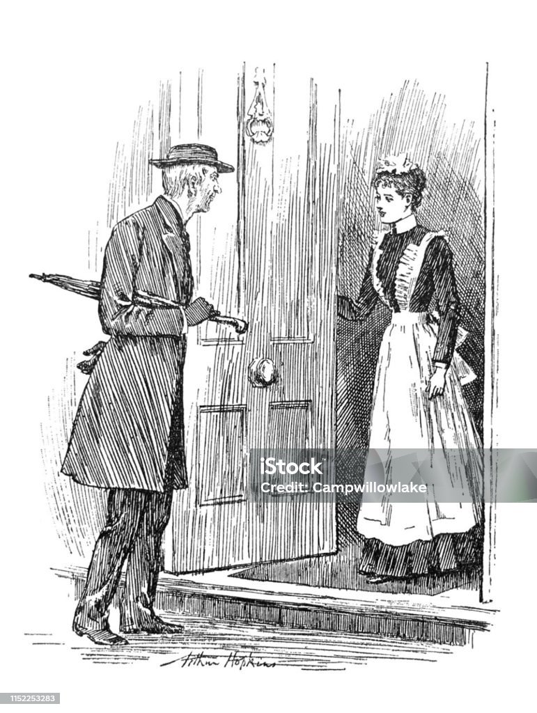 British satire comic cartoon caricatures illustrations - Man talking to domestic staff at door of house From Punch's Almanack 1899. 1880-1889 stock illustration