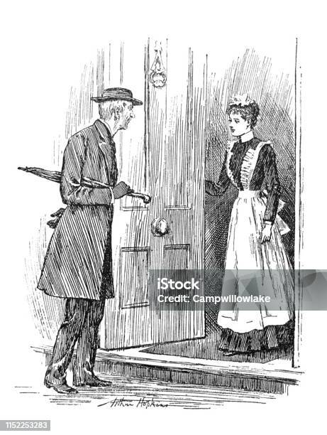 British Satire Comic Cartoon Caricatures Illustrations Man Talking To Domestic Staff At Door Of House Stock Illustration - Download Image Now