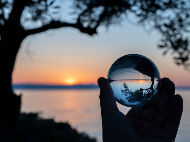 istock Sunset through glass sphere and olive tree branches at the beach 1152256278