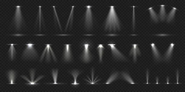 Stage spotlight. Show stage light effect, lighted concert scene for theater gallery disco club. Vector realistic spotlight collection Stage spotlight. Show stage light effect, bright lighted concert scene for theater gallery disco club. Vector realistic vivid spotlight collection floodlight stock illustrations