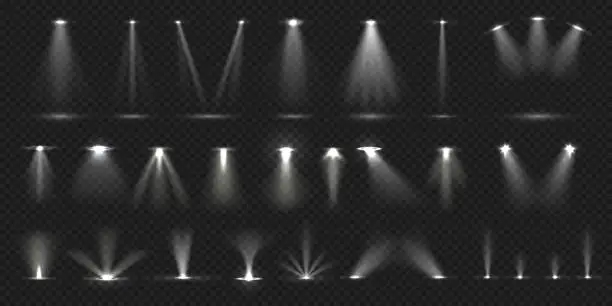 Vector illustration of Stage spotlight. Show stage light effect, lighted concert scene for theater gallery disco club. Vector realistic spotlight collection