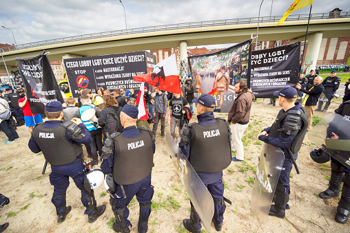 Poland, Gdansk, May 25, 2019: A community of traditional values protests against the march of equality and tolerance, saying that LGBT brings illness and destroys families. Police severing, does not allow conflicts and fights