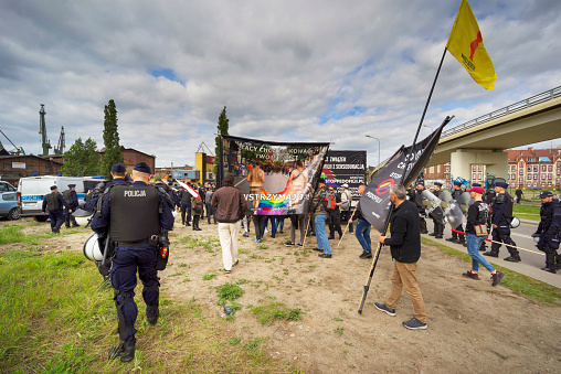 Poland, Gdansk, May 25, 2019: A community of traditional values protests against the march of equality and tolerance, saying that LGBT brings illness and destroys families. Police severing, does not allow conflicts and fights