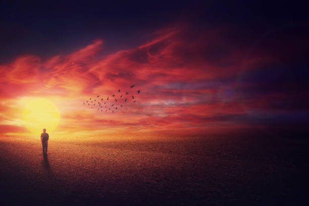 istock Surreal scenery view as a wanderer guy silhouette walking in front of beautiful sundown background and a flock of birds flying up in the sky 1152260878