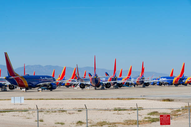 737 MAX Southwest Grounded Boeing 737 MAX 8 aircraft fleet of Southwest Airlines in storage at Victorville, CA. on May 4, 2019 robertmichaud stock pictures, royalty-free photos & images
