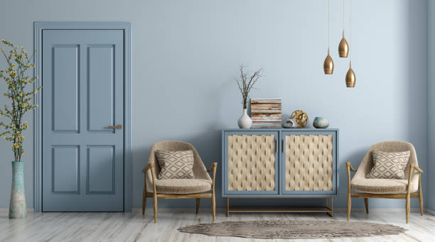 istock Modern living room interior with door and armchairs 3d rendering 1152262542