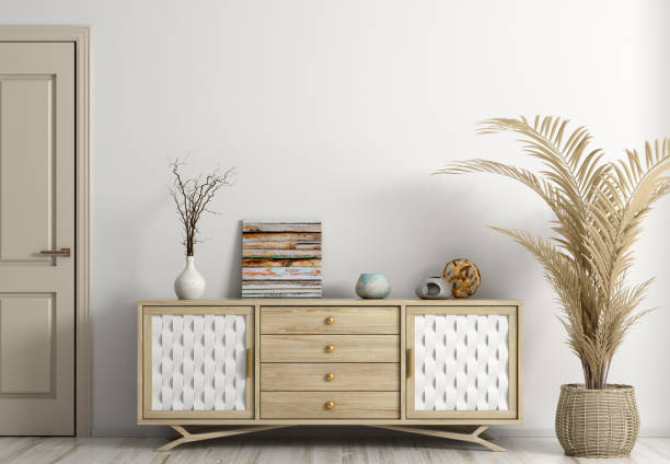 istock Modern living room interior with door and sideboard 3d rendering 1152262612