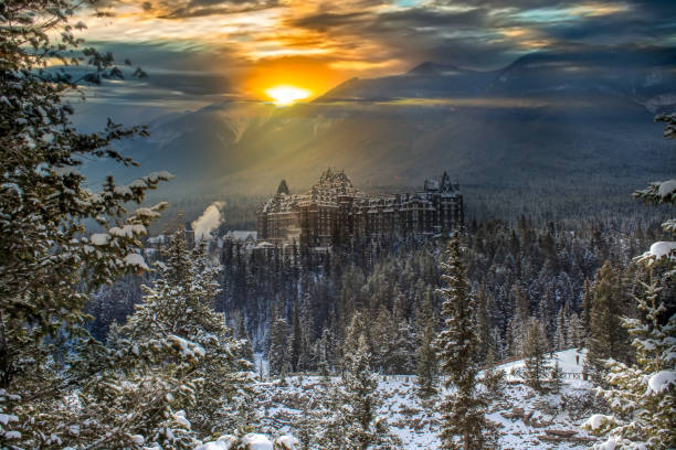 Sunlit Banff Springs Hotel stock photo