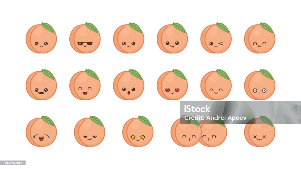 Peach cute kawaii mascot. Set kawaii food faces Peach cute kawaii mascot. Set kawaii food faces expressions smile emoticons. Anthropomorphic Face stock vector
