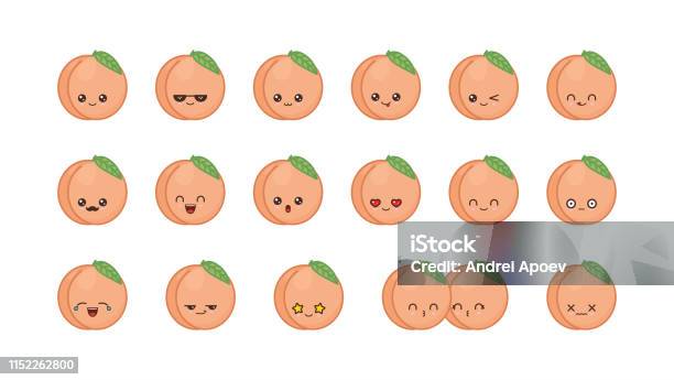 Peach Cute Kawaii Mascot Set Kawaii Food Faces Stock Illustration - Download Image Now - Anthropomorphic Face, Anthropomorphic Smiley Face, Awe