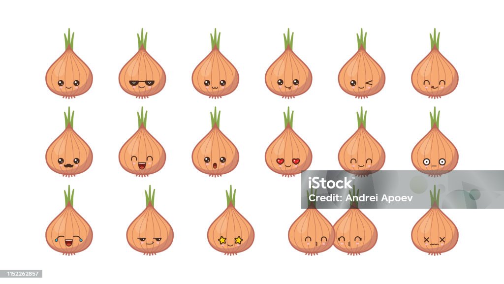 Onion cute kawaii mascot. Set kawaii food faces Onion cute kawaii mascot. Set kawaii food faces expressions smile emoticons. Anthropomorphic Face stock vector