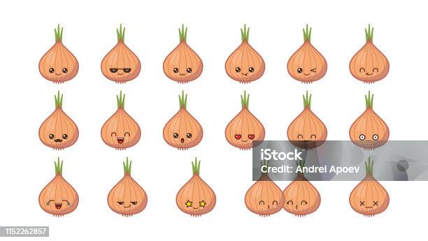 Onion Cute Kawaii Mascot Set Kawaii Food Faces Stock Illustration - Download Image Now - Anthropomorphic Face, Anthropomorphic Smiley Face, Awe