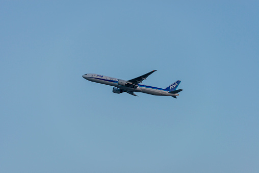 Frankfurt, Germany - July 26, 2018: plane from japanese airline ANA is taking off