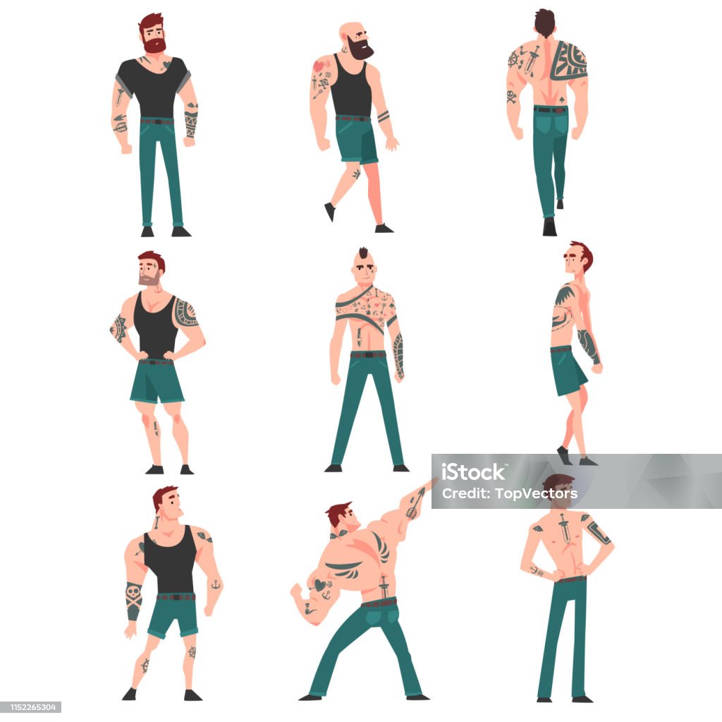 Cpllection of Men with Lot of Tattoos Vector Illustration Cpllection of Men with Lot of Tattoos Vector Illustration on White Background. Men stock vector