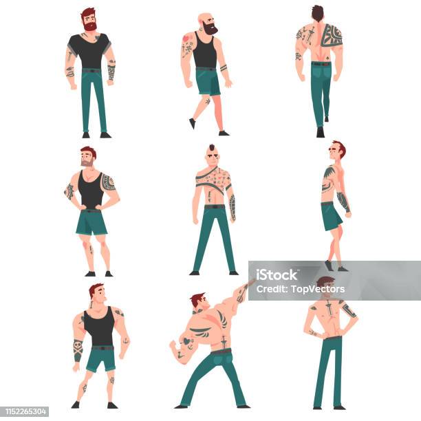 Cpllection Of Men With Lot Of Tattoos Vector Illustration Stock Illustration - Download Image Now