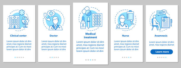 Medicine and healthcare app screen Medicine and healthcare vector onboarding mobile app page screen. Doctor, nurse, clinic, treatment, anamnesis. Medical service anamnesis stock illustrations