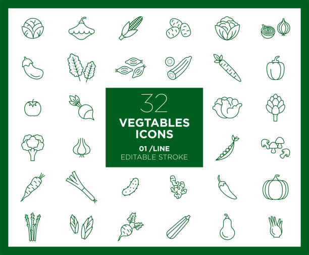 ラインで野菜のアイコンの��セット - vegetable carrot zucchini eggplant点のイラスト素材／クリップアート素材／マンガ素材／アイコン素材